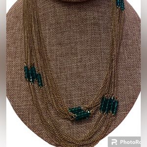 Necklace, gold tone, green beads, long.